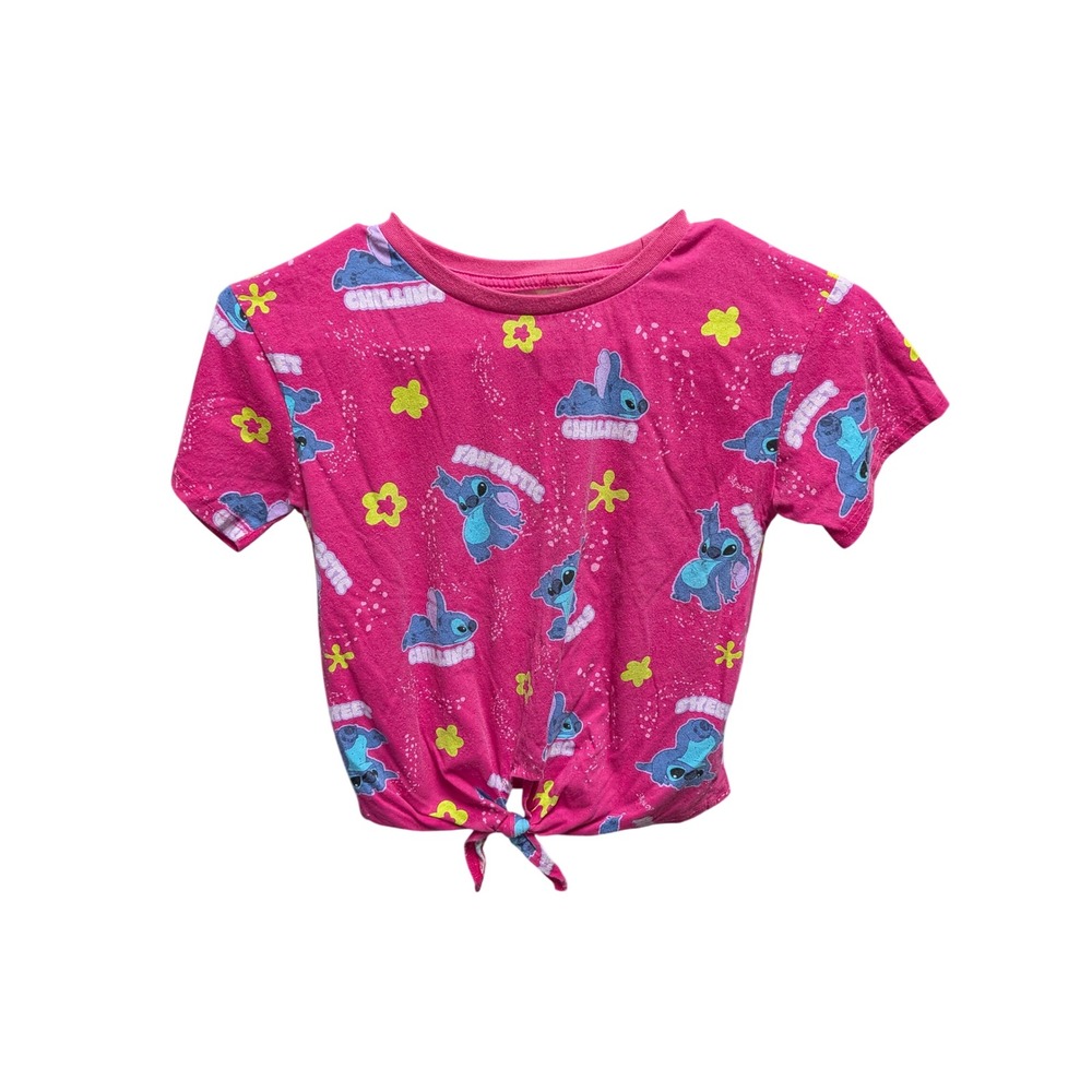 Disney Stitch Girls Pink Tie Front Graphic Tee Shirt Size 7/8 All‎ Over Print